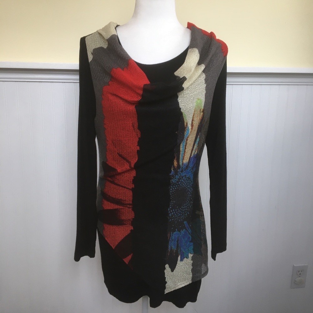 Simply Couture Color Block Floral Cowl Neck Tunic